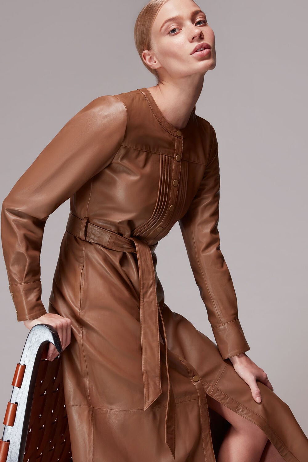 Toffee Pintuck Leather Midi Dress