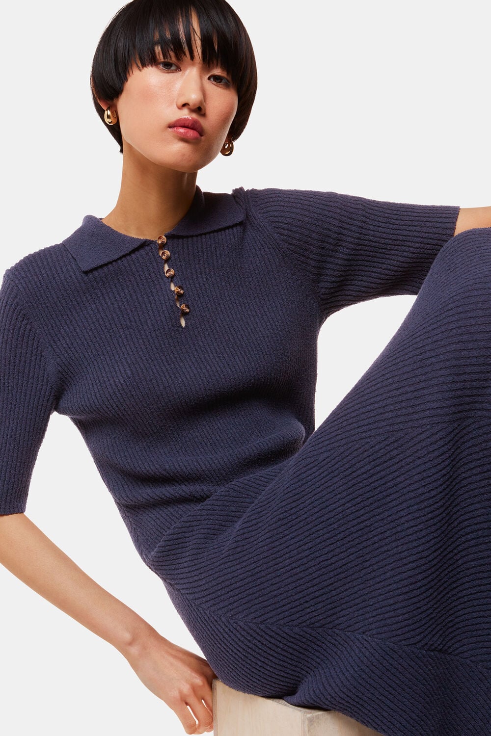Navy Knitted Ribbed Midi Dress