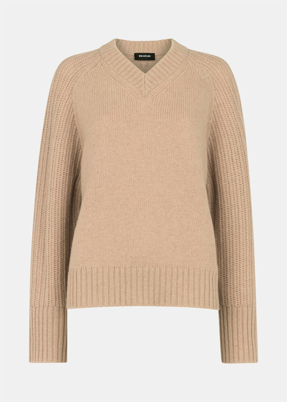 Wool Ribbed Sleeve V Neck Knit