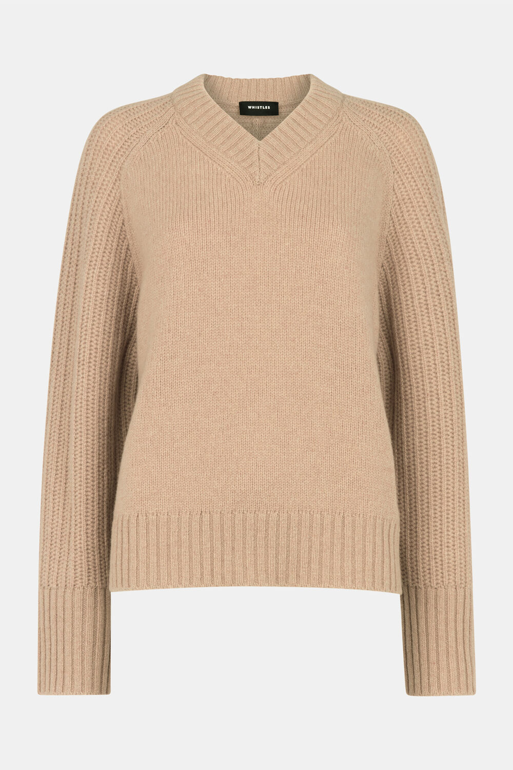 Camel Wool Ribbed Sleeve V Neck Knit