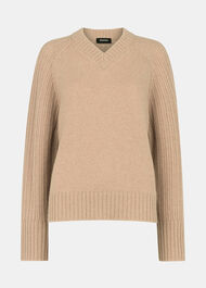 Wool Ribbed Sleeve V Neck Knit