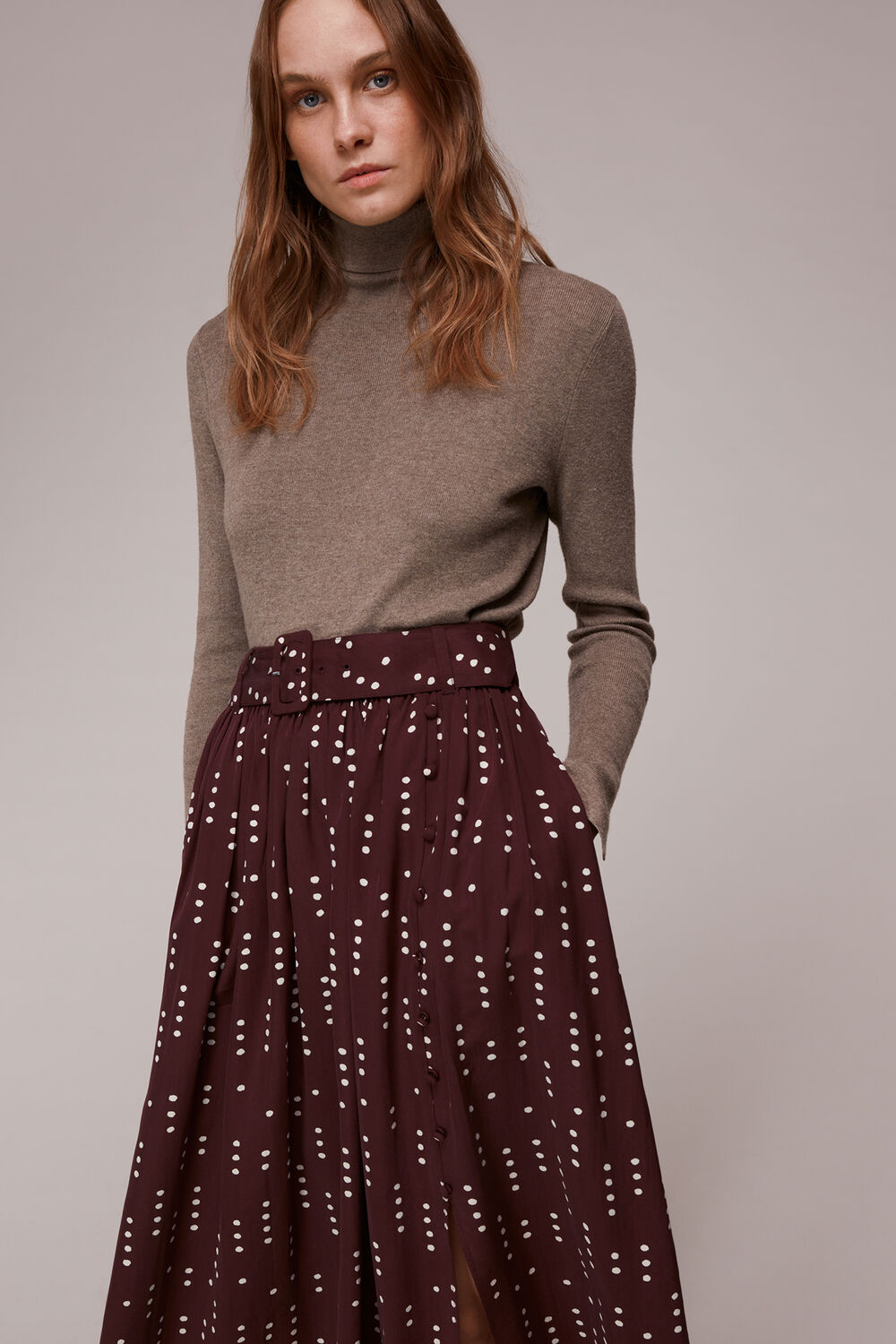 Dash Dot Belted Midi Skirt