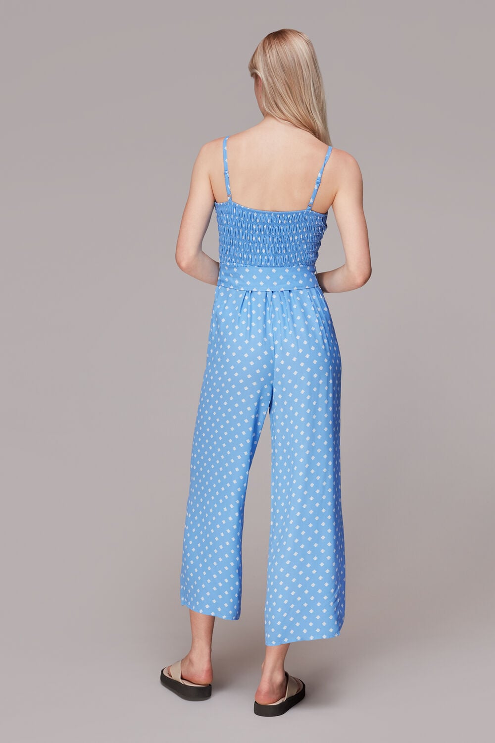 Blue Rounded Leaf Shirred Jumpsuit
