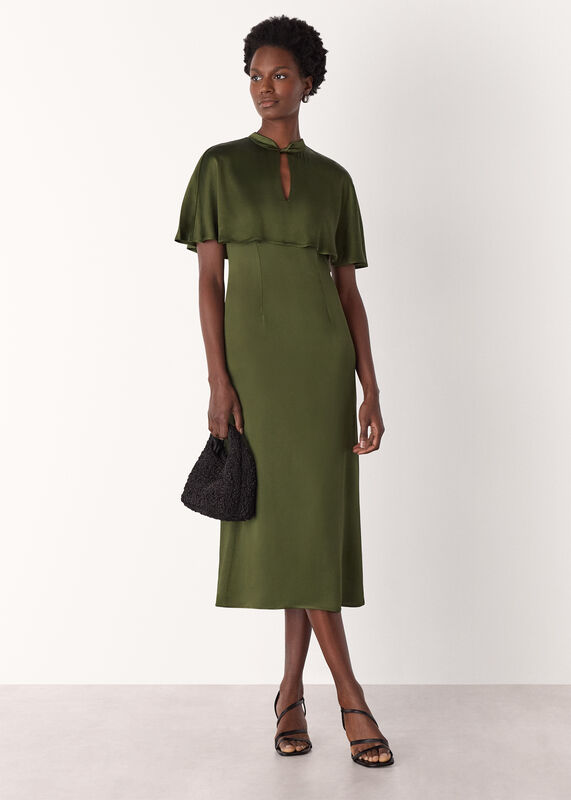 Olive Cape Satin Midi Dress