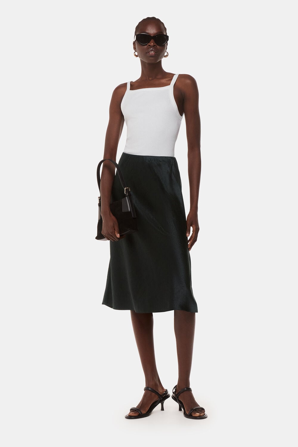 Black Satin Knee Length Skirt