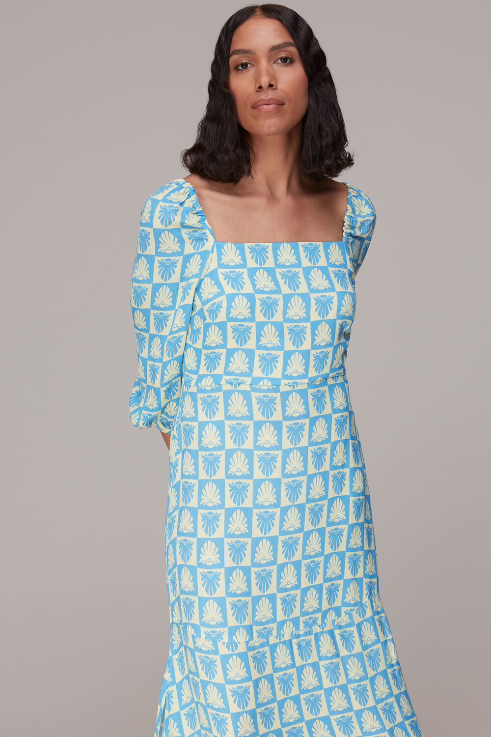 Blue Checkerboard Shells Midi Dress