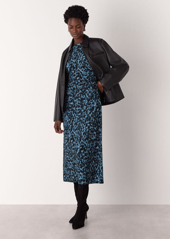 Blue Animal Jersey Ruched Dress