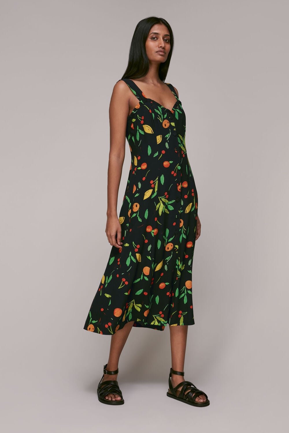 Black Fruit Print Frill Dress