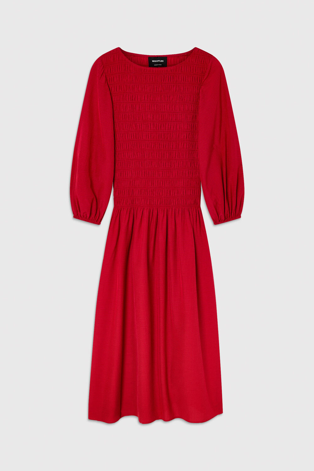 Red Smocked Bodice Midi Dress