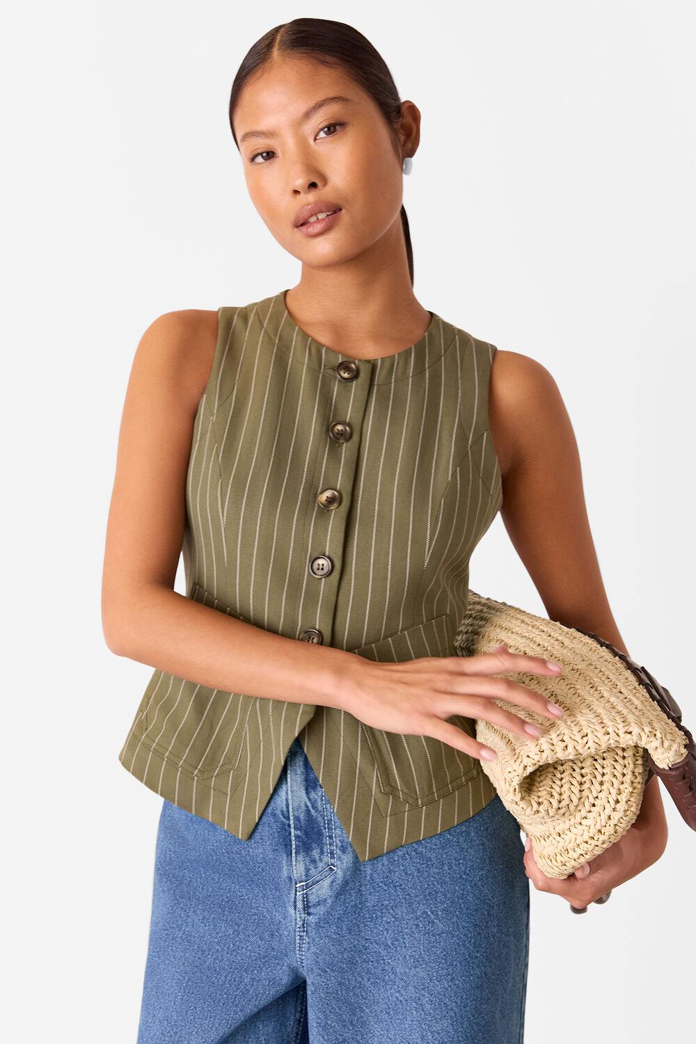 Khaki Petite Lottie Pinstripe Waistcoat
