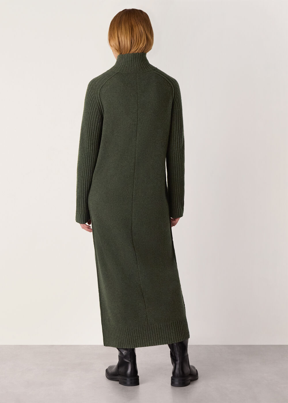 Funnel Neck Wool Midi Dress