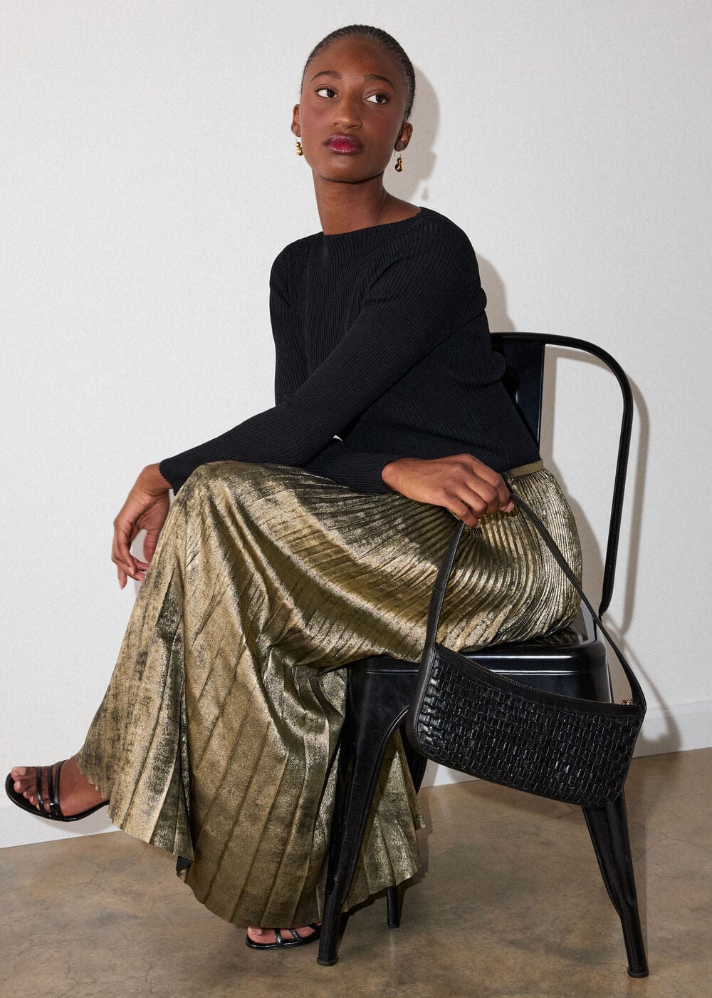 Gold Metallic Pleated Midi Skirt