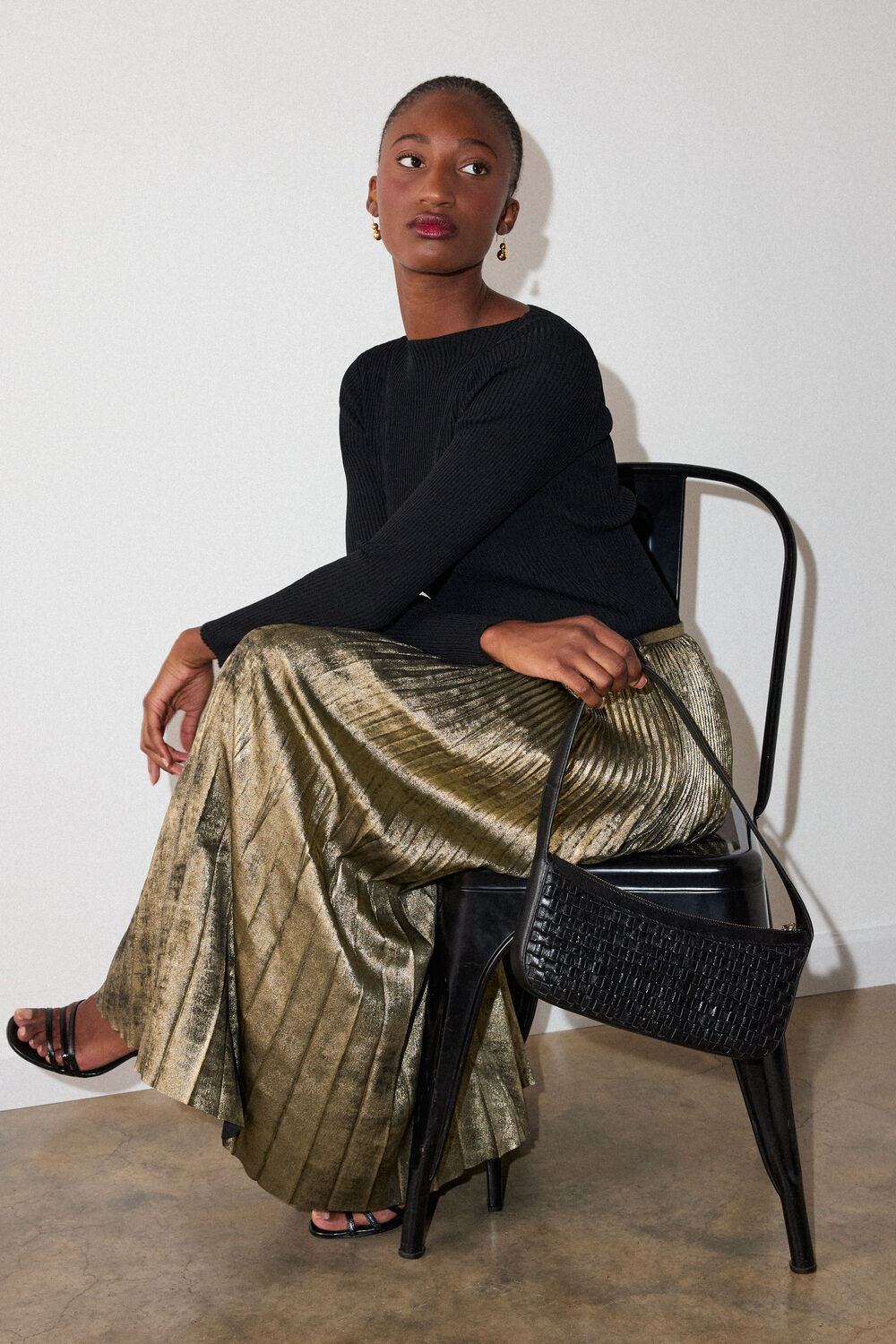 Gold Metallic Pleated Midi Skirt