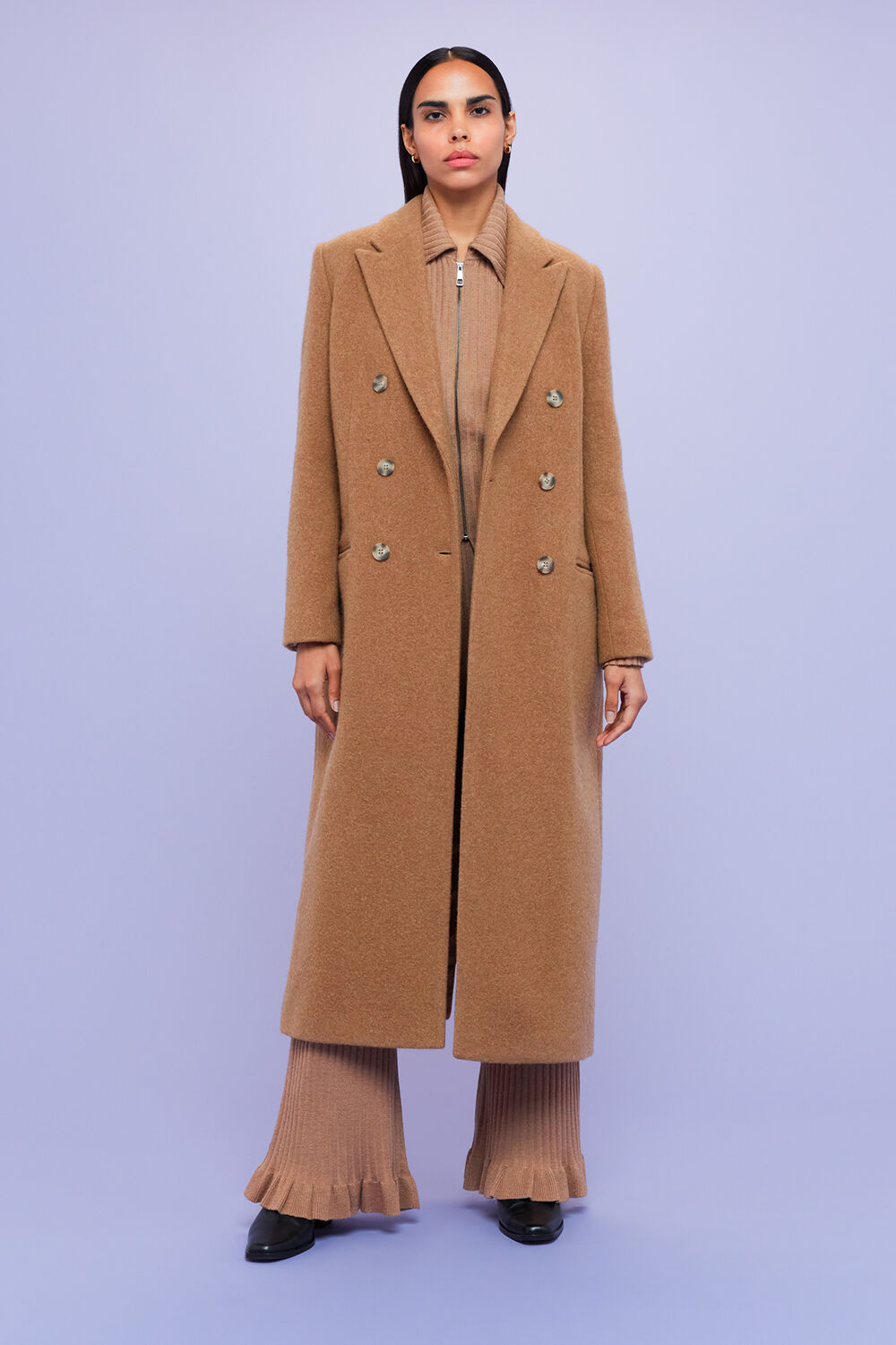 Camel Textured Wool Blend Coat