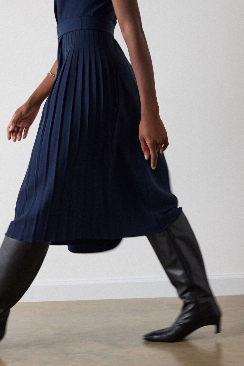 Navy Pleat Detail Asymmetric Midi Dress