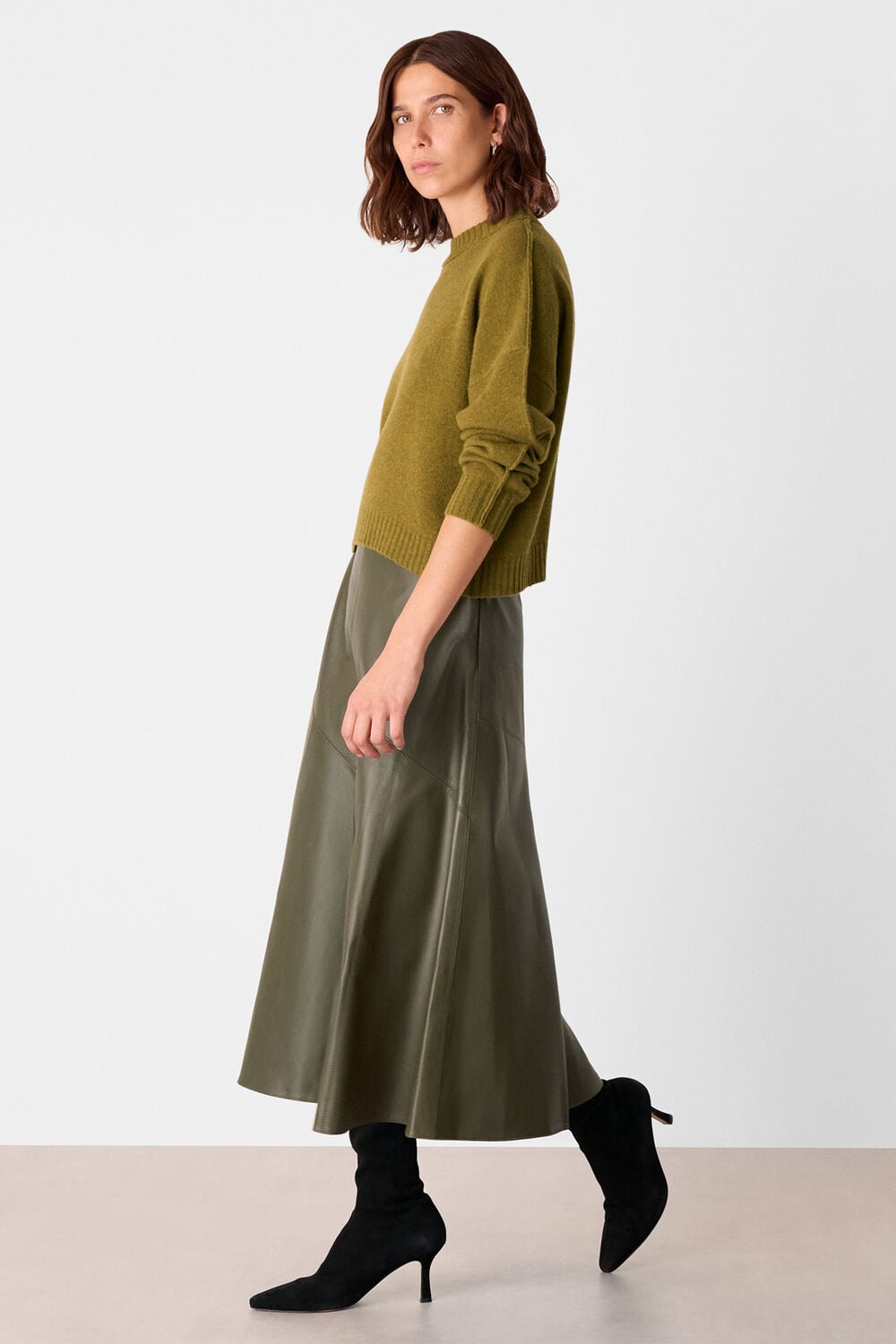 Khaki Zig Zag Panel Leather Skirt
