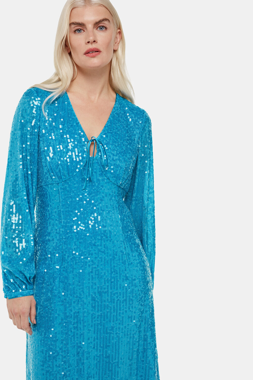 Blue Petite Sequin Keyhole Midi Dress