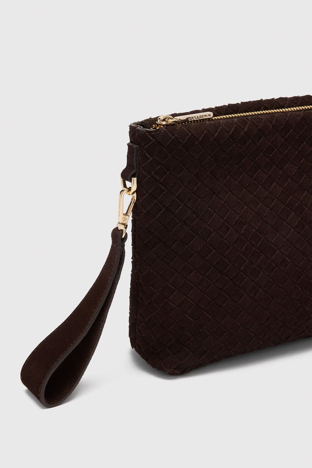 Chocolate Avah Woven Suede Zip Clutch