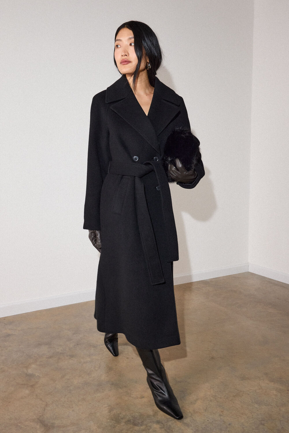 Black Belted Wool Rich Trench Coat