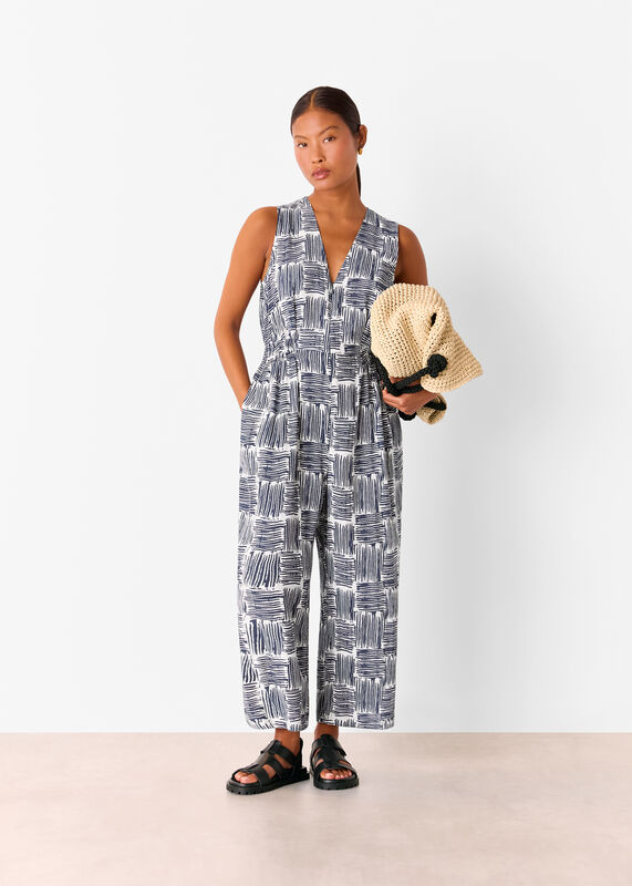 Navy Petite Hatch Squares Jumpsuit