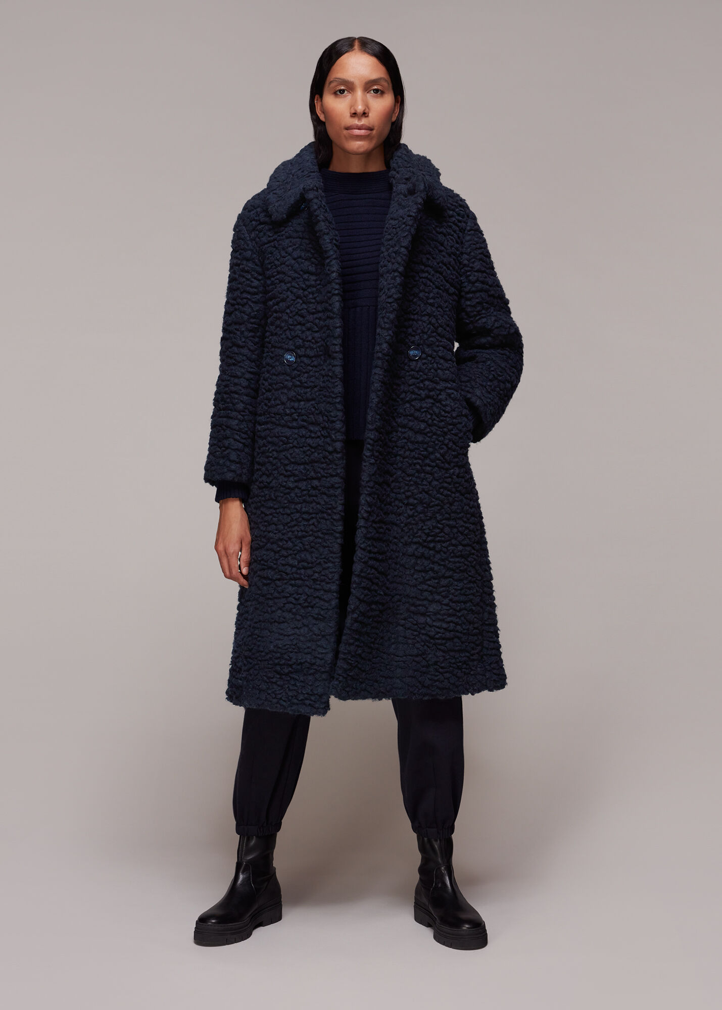 Navy Lottie Teddy Wool Coat WHISTLES