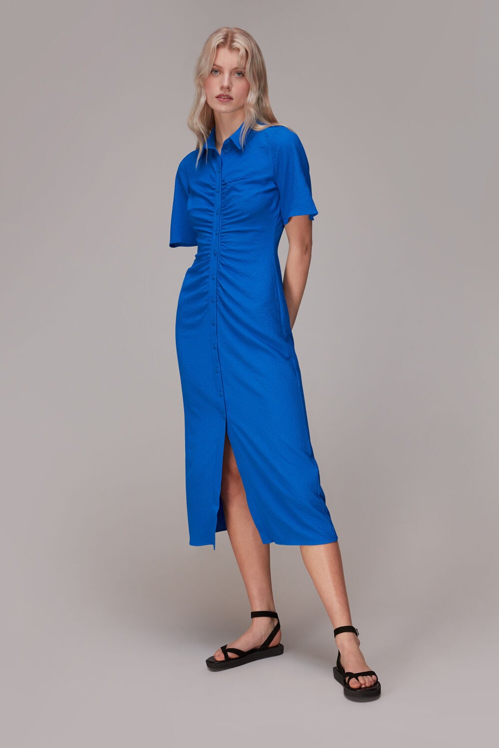 Blue Textured Gathered Detail Dress