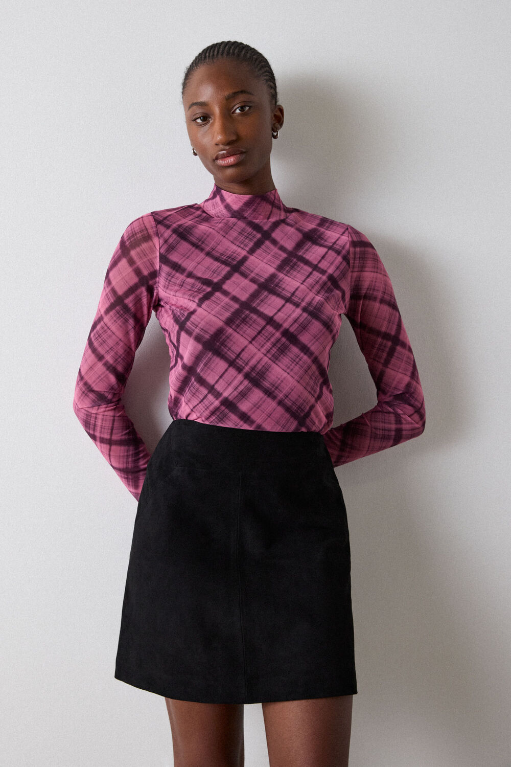 Pink Check Print Mesh Top