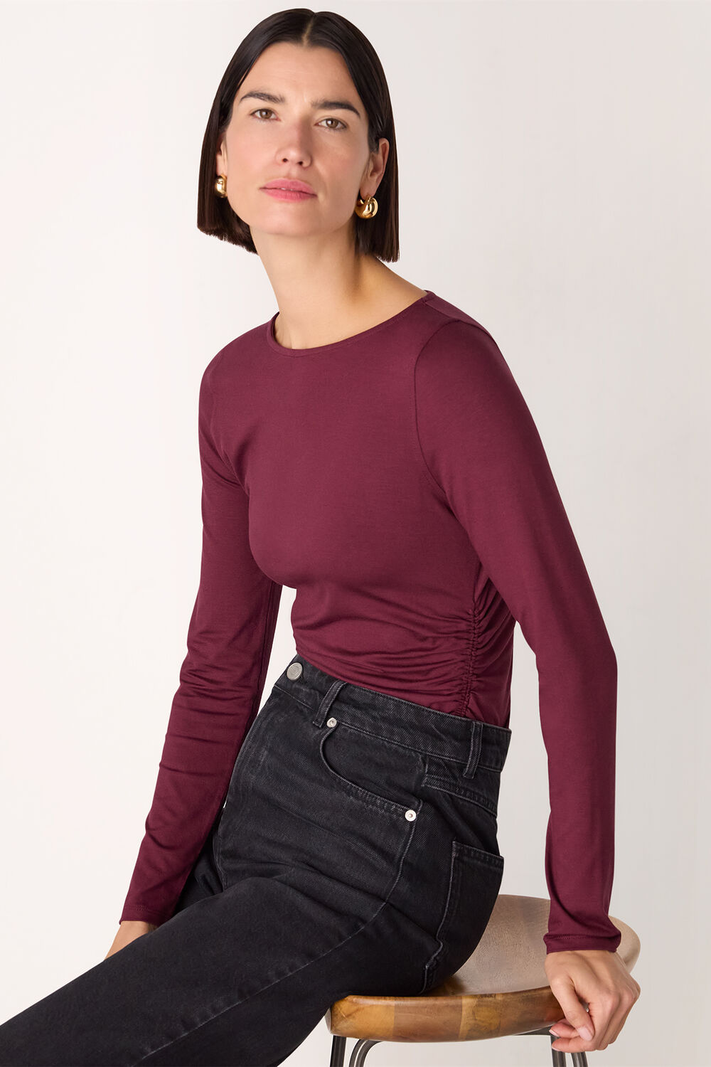 Burgundy Ruched Side Long Sleeve Top