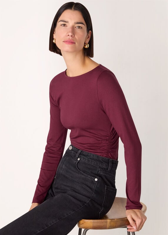 Burgundy Ruched Side Long Sleeve Top