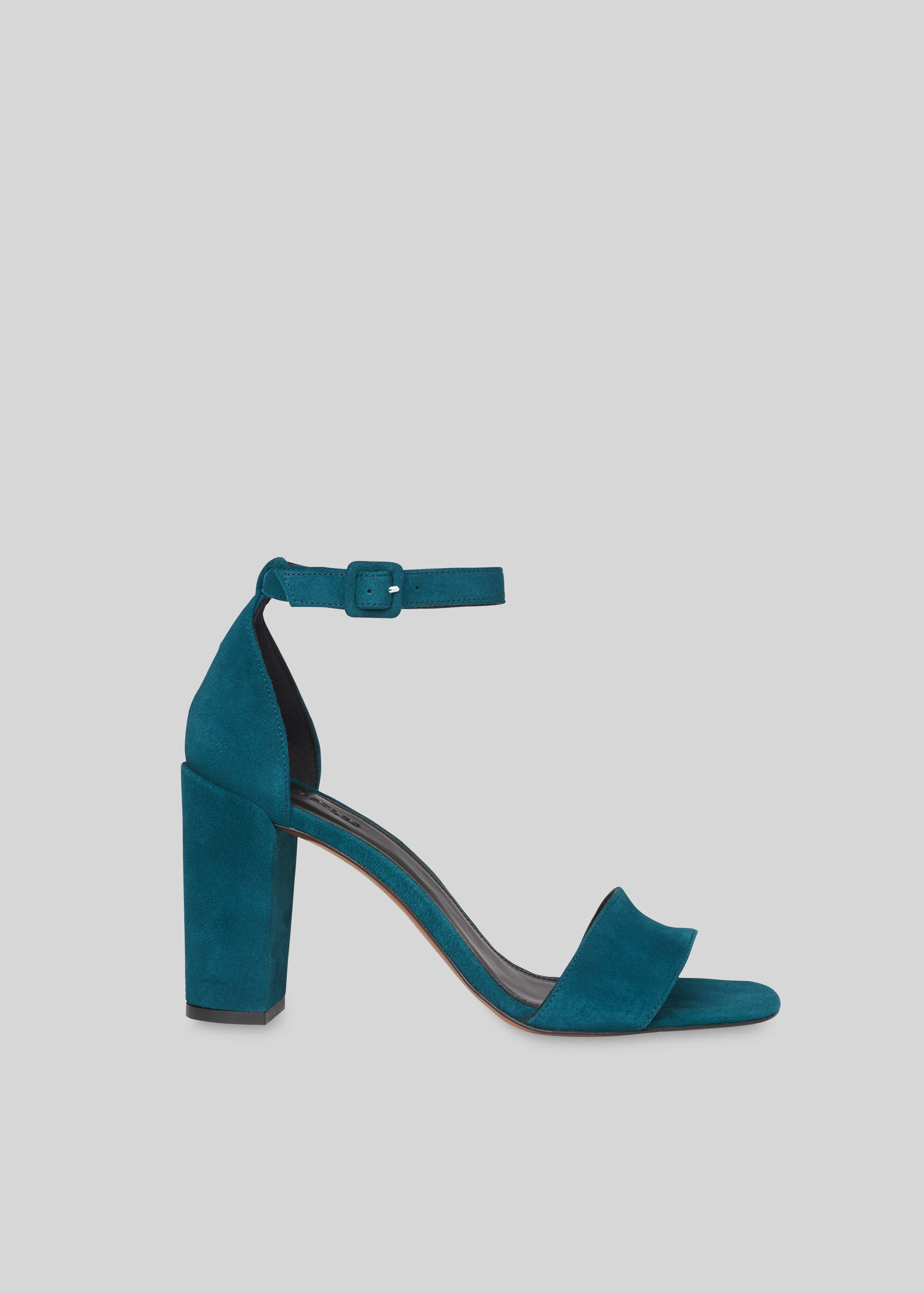 blue suede block heel sandals