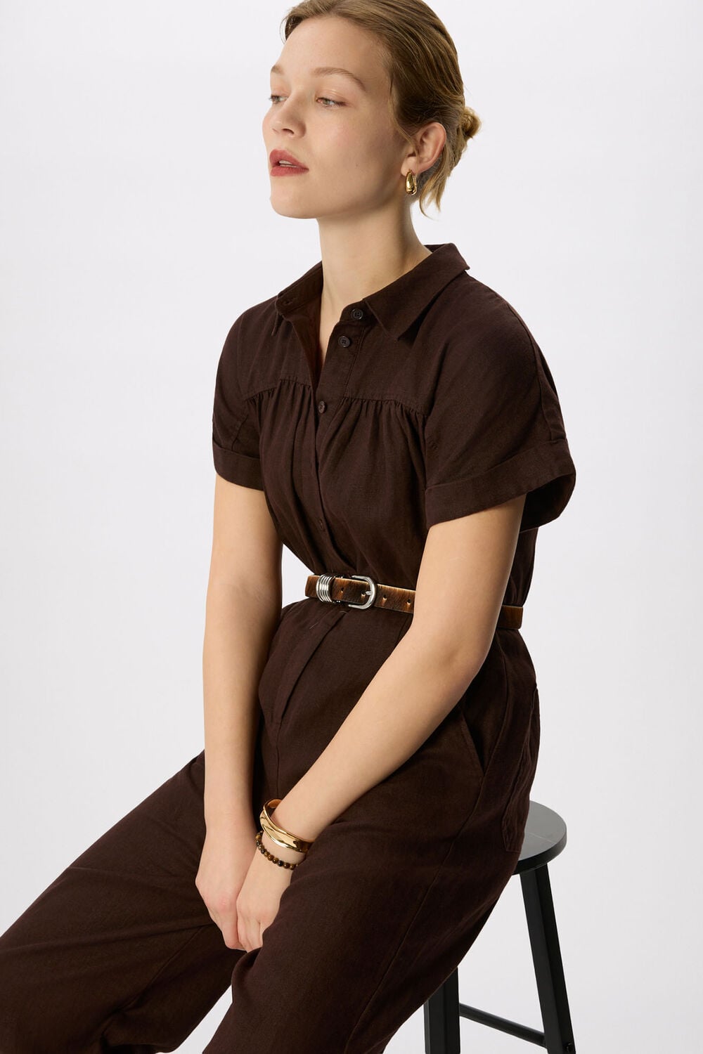 Brown Utility Linen Jumpsuit