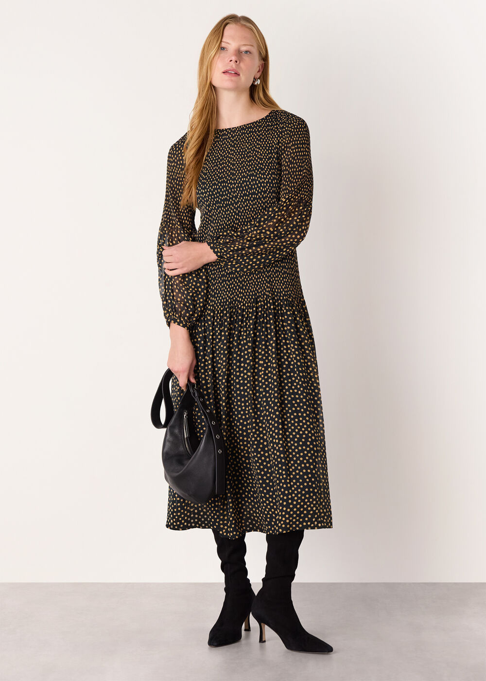 Spot Print Plisse Midi Dress