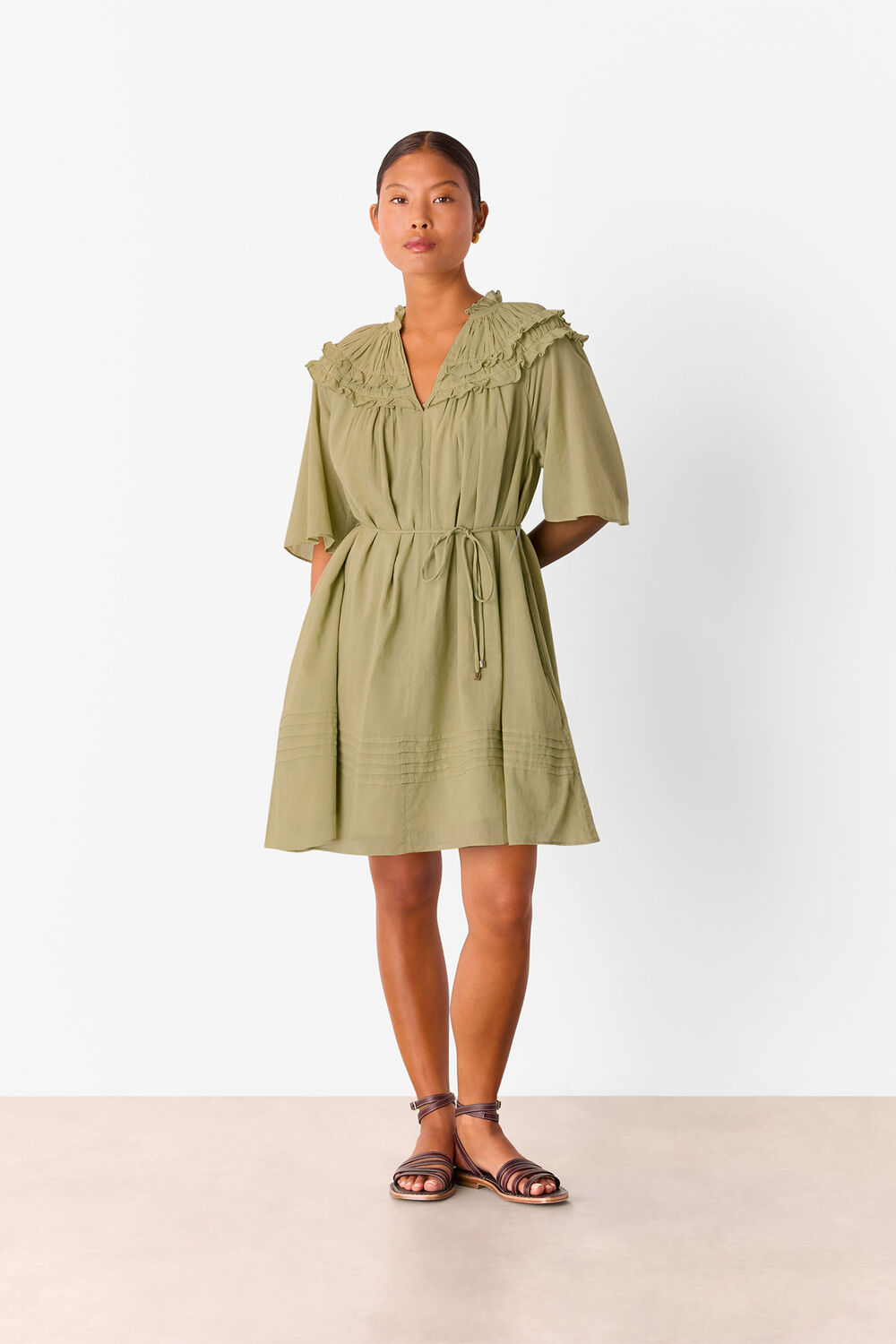 Khaki Petite Cotton Frill Mini Dress