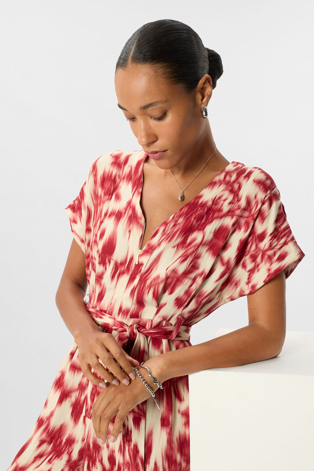 Red Blurred Floral Tie Jumpsuit