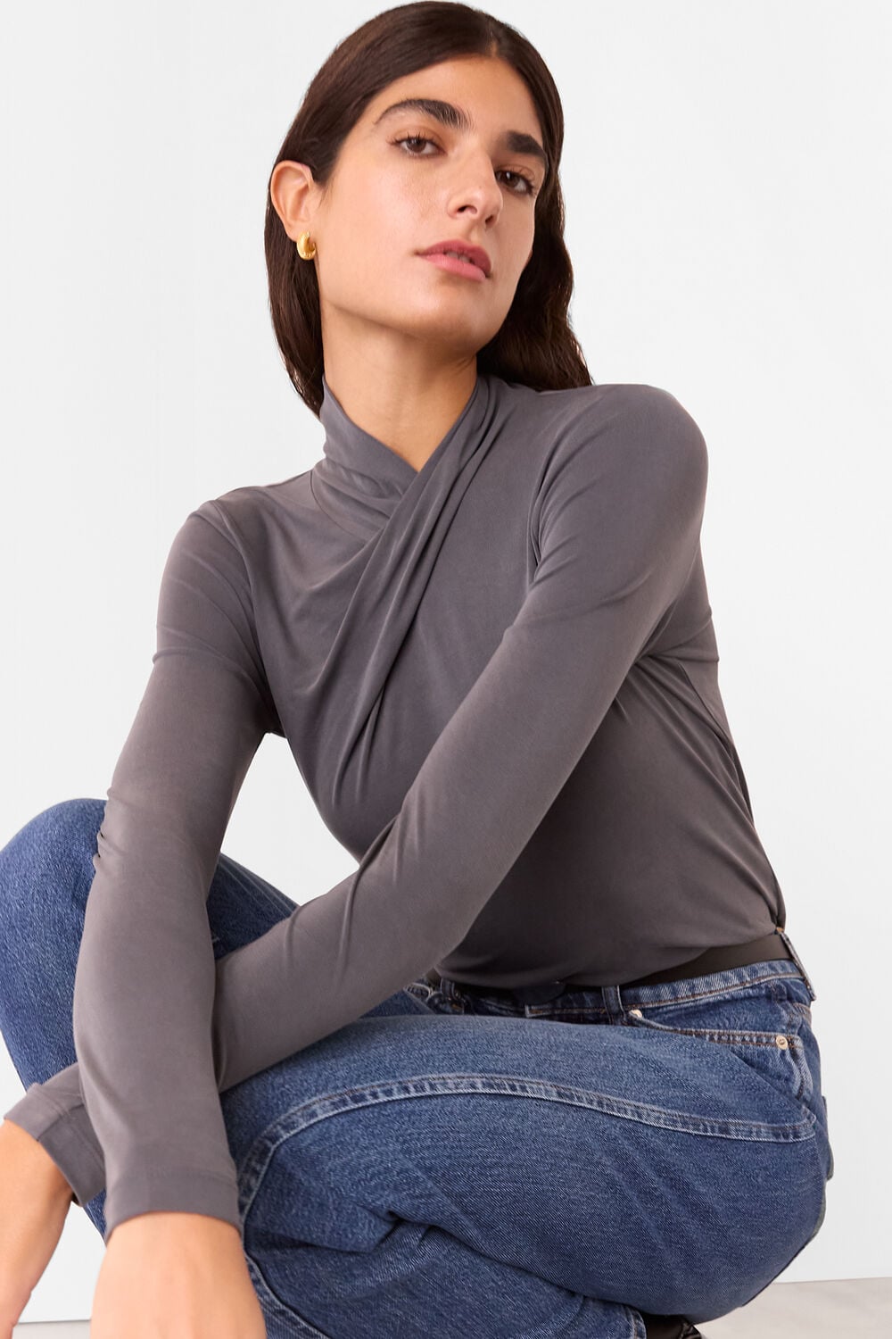 Grey Twist Neck Jersey Top