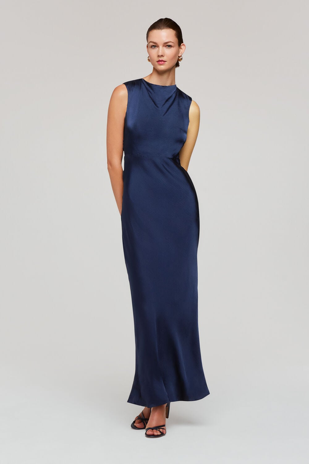 Navy Cowl Neck Satin Maxi Dress