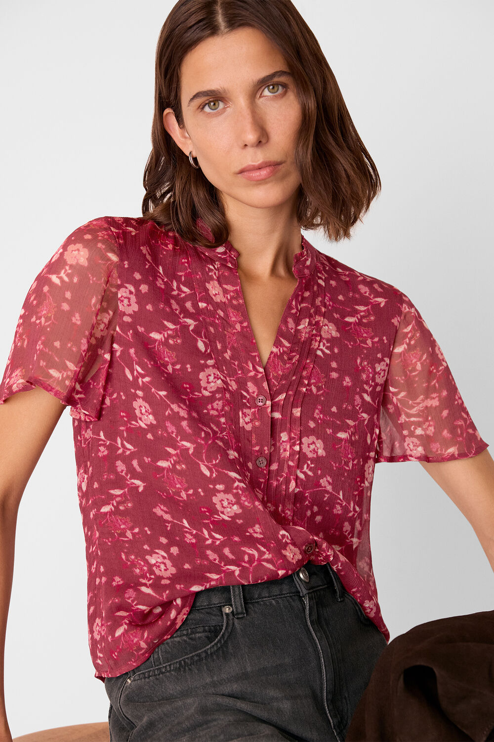 Burgundy Ditsy Floral V Neck Blouse