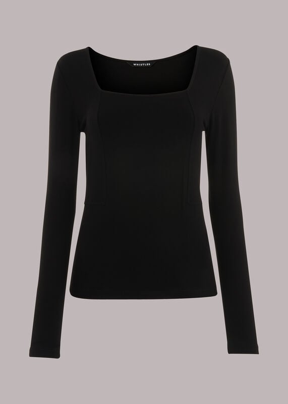 Black Square Neck Long Sleeve Top