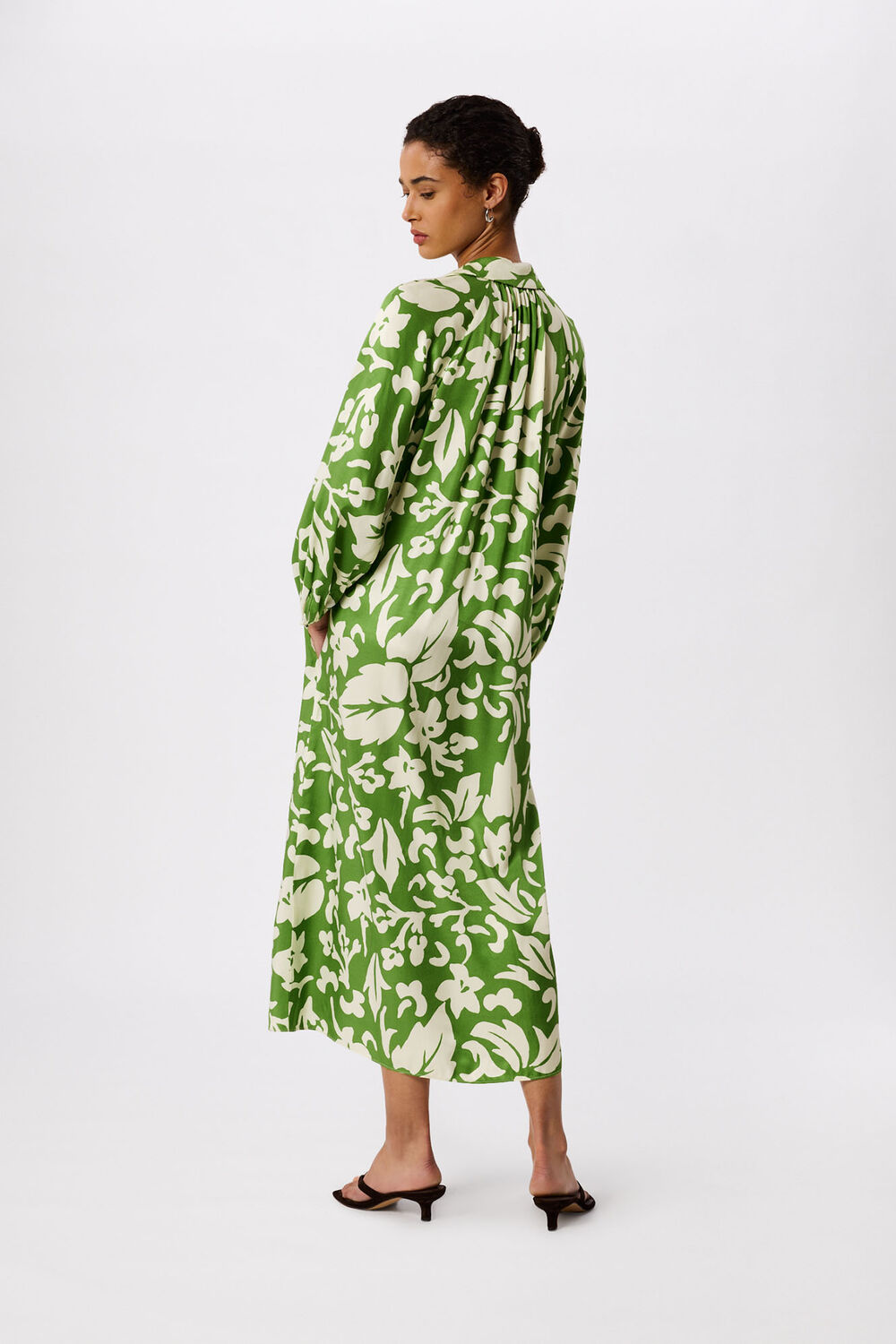 Green Floral Trapeze Shirt Dress