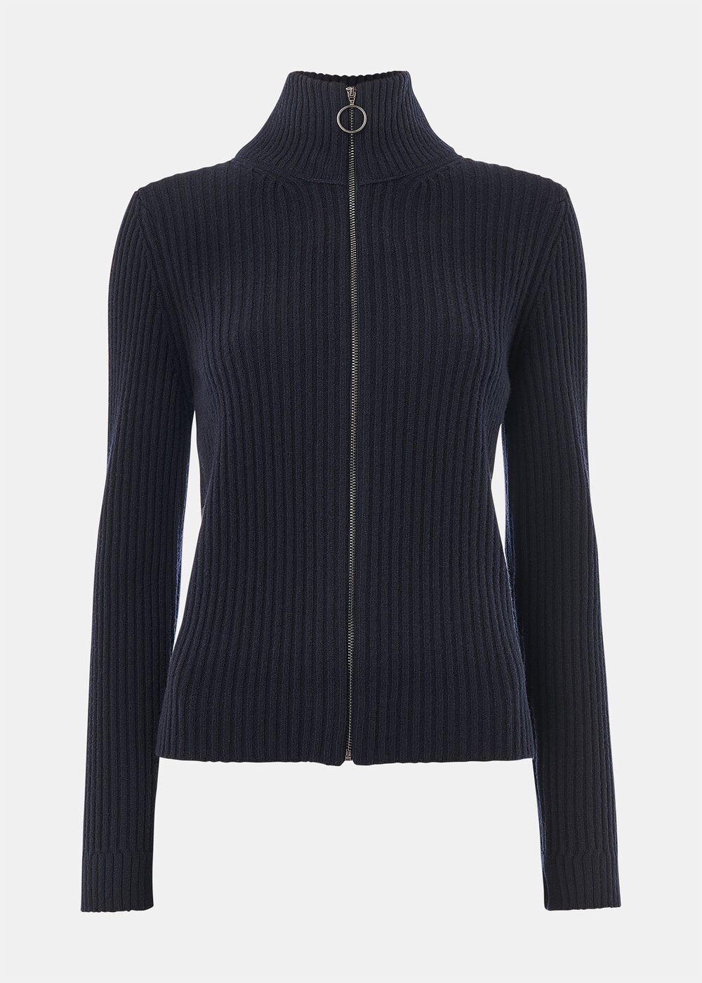 Wool Zip Front Rib Cardigan