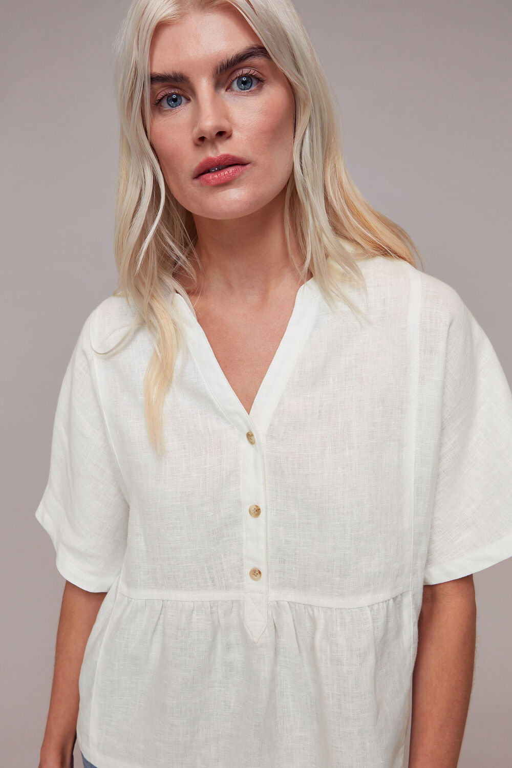 White Petite Hannah Linen Peplum Blouse