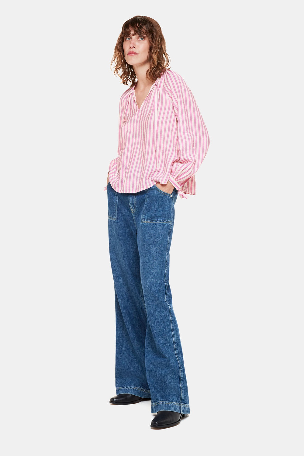 Pink Mia Stripe Tie Neck Blouse