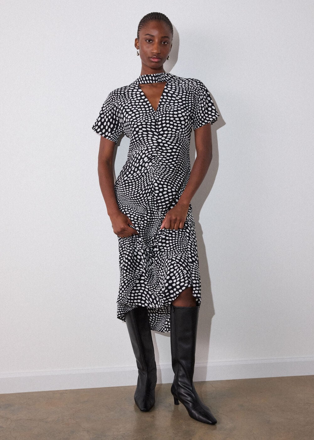 Mixed Spot V Neck Midi Dress