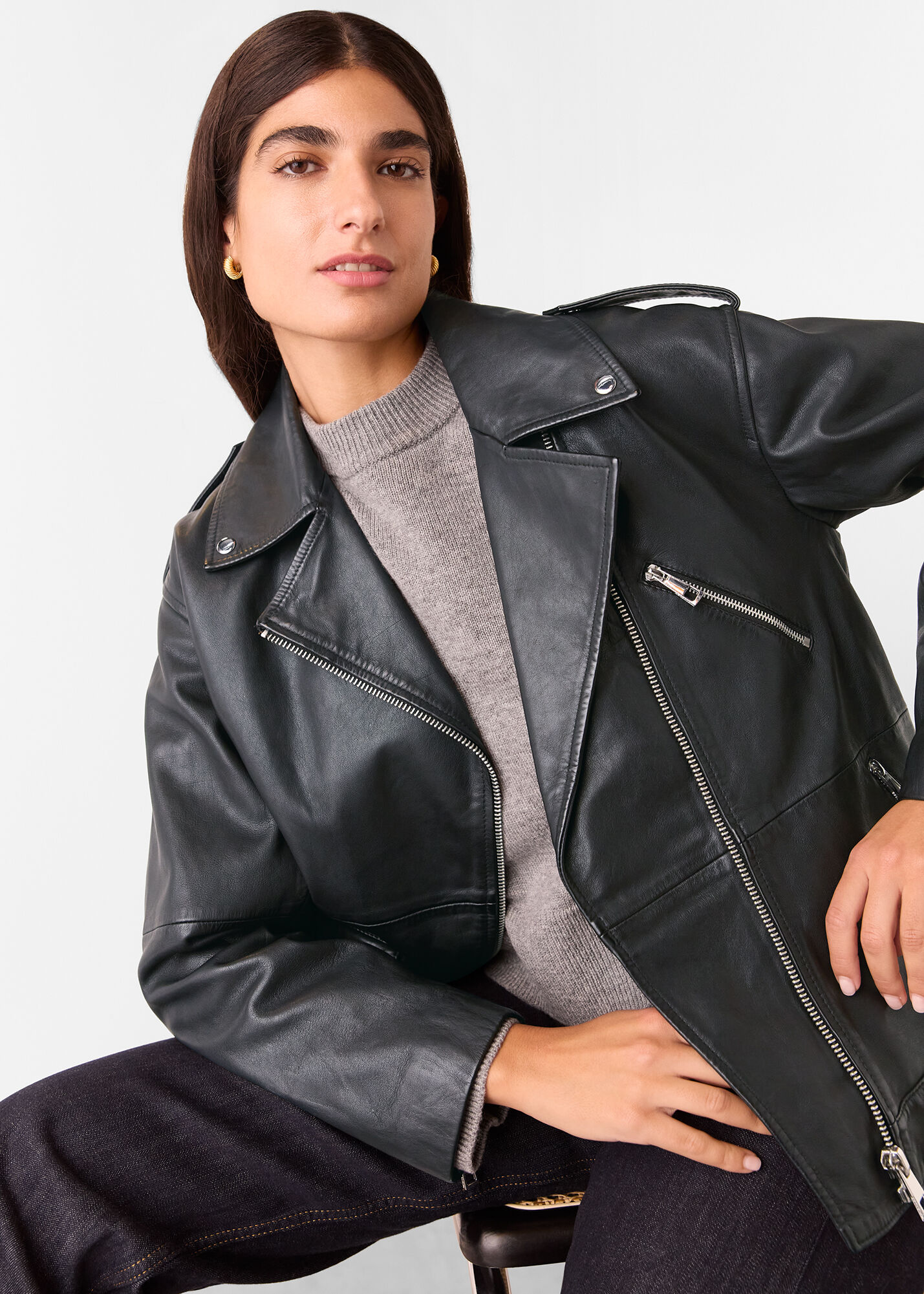Black Freja Leather Biker Jacket | WHISTLES | Whistles US |
