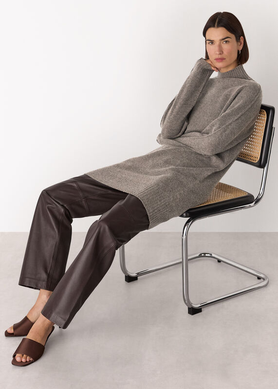 Taupe Petite Funnel Neck Wool Mini Dress