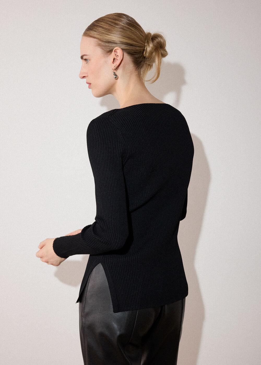 Black Rib Knit Slash Neck Top