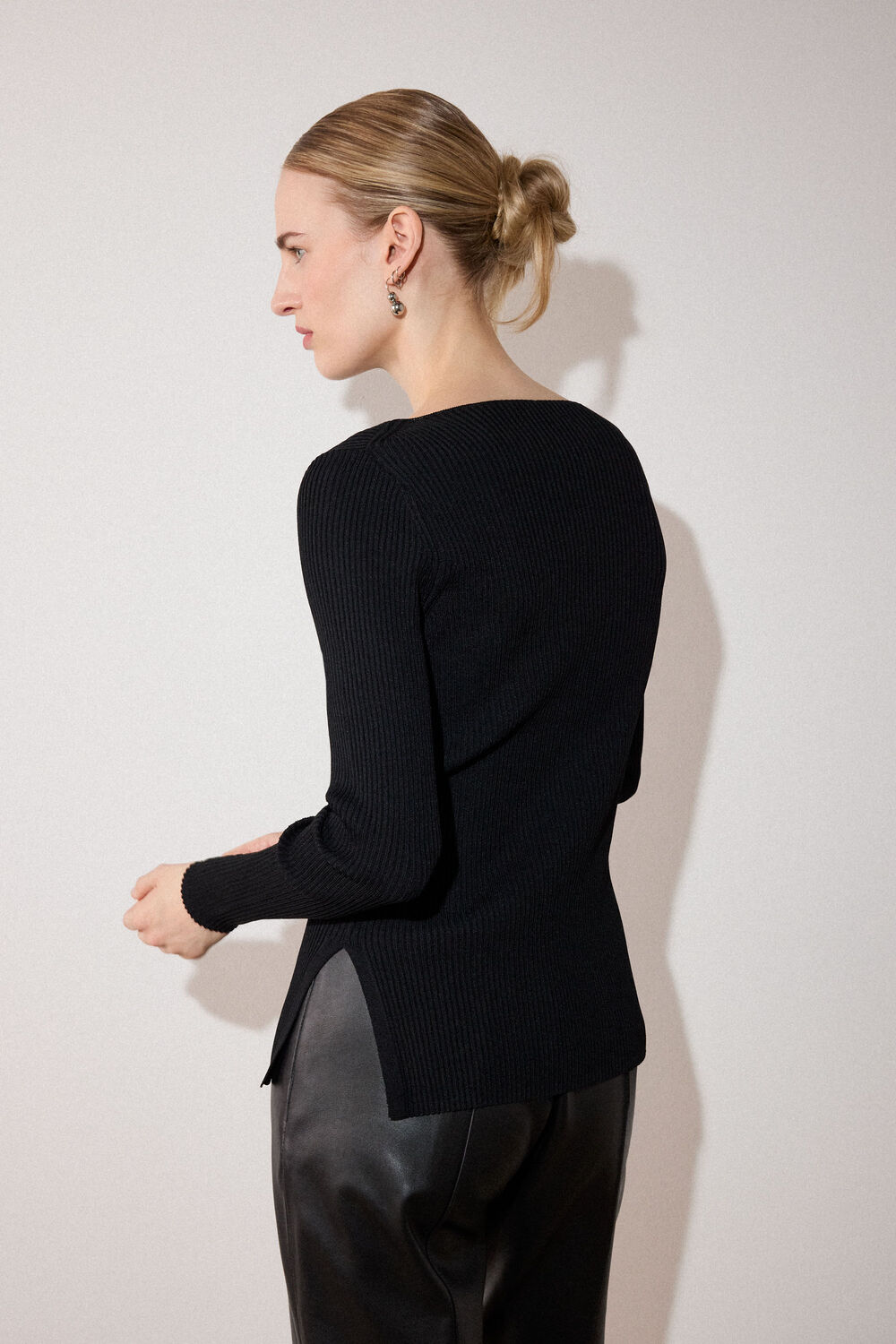 Black Rib Knit Slash Neck Top