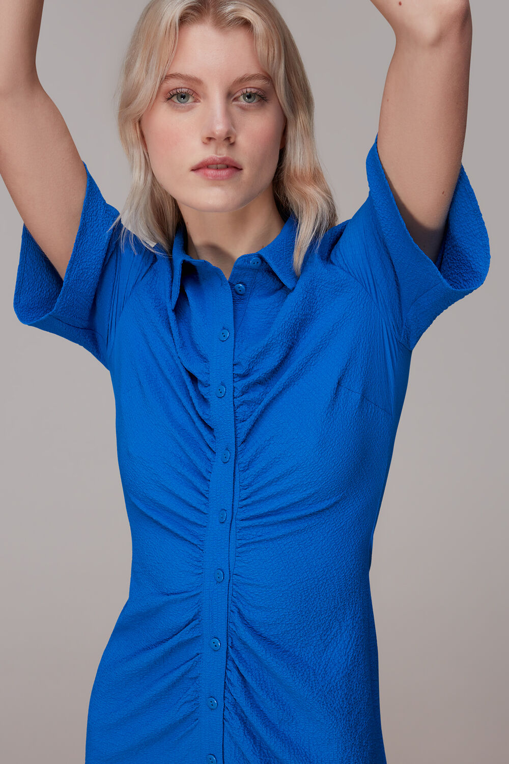 Blue Textured Gathered Detail Dress