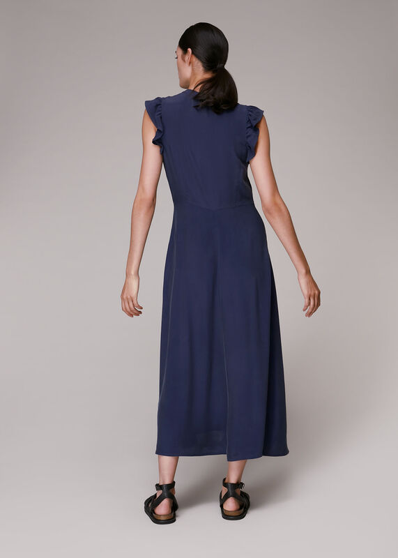 Navy Frill Sleeve Button Dress