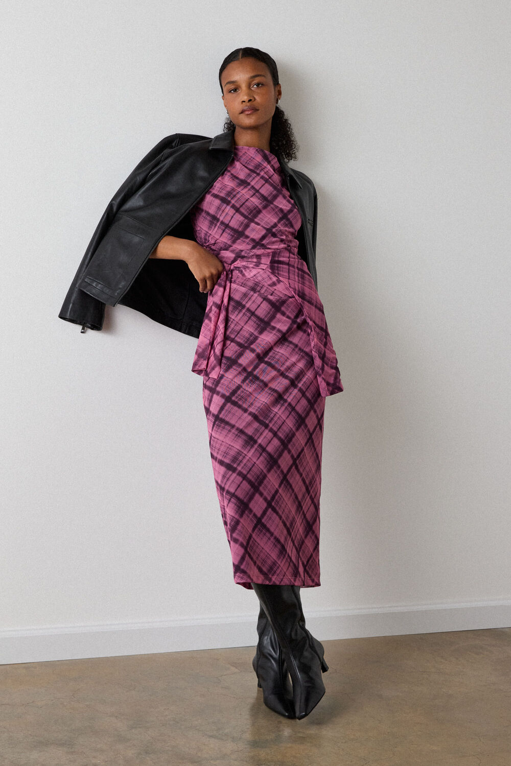 Pink Check Mesh Midi Dress